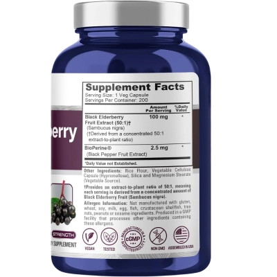 Black Elderberry, Sambucus Nigra 50:1, 100mg, 200 Cápsulas, NusaPure