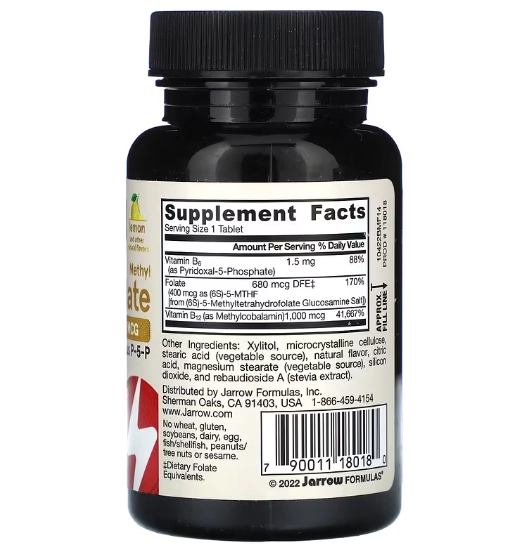 Metil B12 Vegano e Metil Folato, Força Extra, 100 Comprimidos Mastigáveis Sabor Limão, Jarrow Formulas