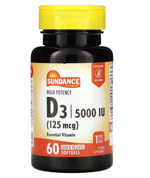 Vitamina D3 Alta Potência, 125mcg, 5000UI, 60 Cápsulas, Sundance