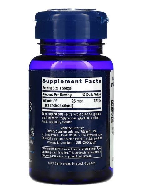 Vitamina D3 25mcg, 1000UI, 90 Softgels, Life Extension