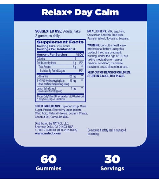 Mood+ Stress, Relax + Day Calm, Com 5-HTP, L-teanina e Erva-Cidreira, 60 Gomas, Natrol