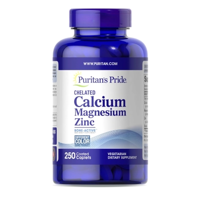 Cálcio Magnésio Zinco Quelato, Fortalecimento Ósseo e Muscular, 250 Caplets, Puritan’s Pride