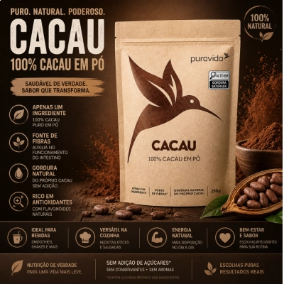 Cacau Premium Em Pó, 250g, PuraVida