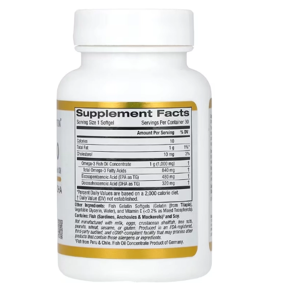 Ômega 800, Óleo de Peixe 1000mg Ultraconcentrado, Forma de Triglicerídeos KD-Pur, 30 Cápsulas, California Gold Nutrition