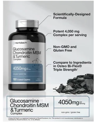 Glucosamina e condroitina com MSM, Cúrcuma e Boswellia, 4050mg, 180 Cápsulas, Horbaach