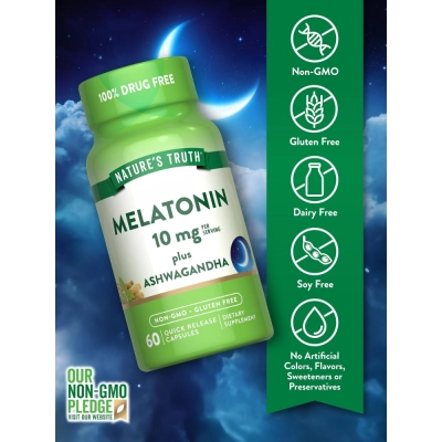 Melatonina Com Ashwagandha, 10 mg, 60 Cápsulas, Nature's Truth