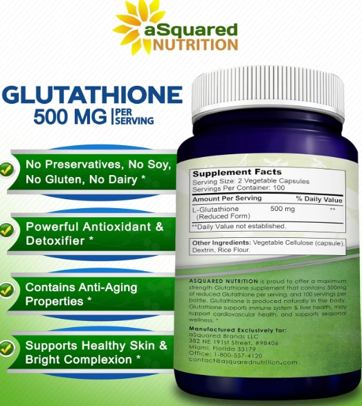 Glutationa 500mg, Apoiar a Saúde do Fígado e Desintoxicação, 200 Cápsulas, aSquared Nutrition