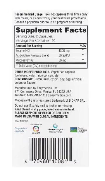 HCl de Betaína, 120 Cápsulas, Enzymedica