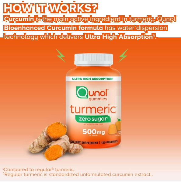 Turmeric, Cúrcuma 500mg, 120 Gomas Sabor Tangerina Zero Açucar, Qunol