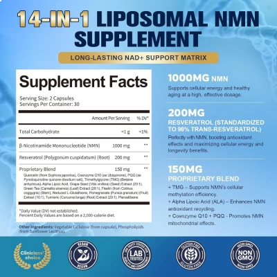NMN 1000mg, Lipossomal, Energia, Vitalidade, Alta Absorção, 60 Cápsulas, Totaria
