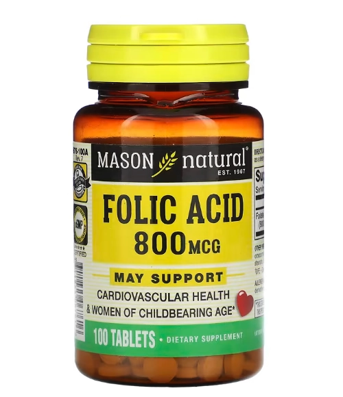 Ácido Fólico, 800mcg, 100 Comprimidos, Mason Natural