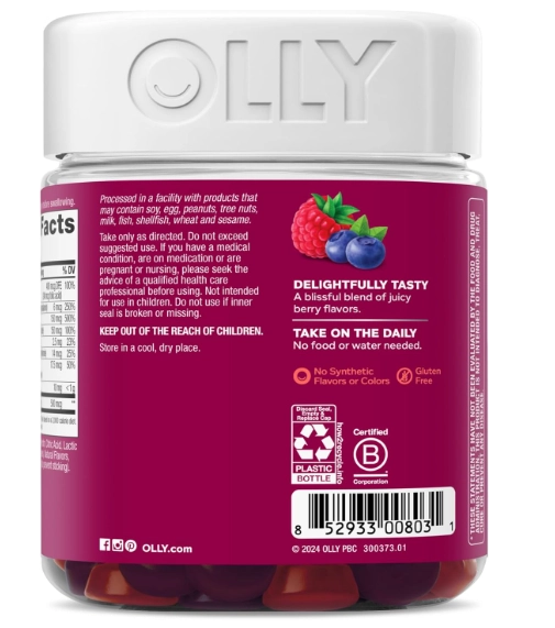 Multivitamínico feminino com Vitaminas A, D, C, E, Biotina, Ácido Fólico, 130 Gomas, OLLY