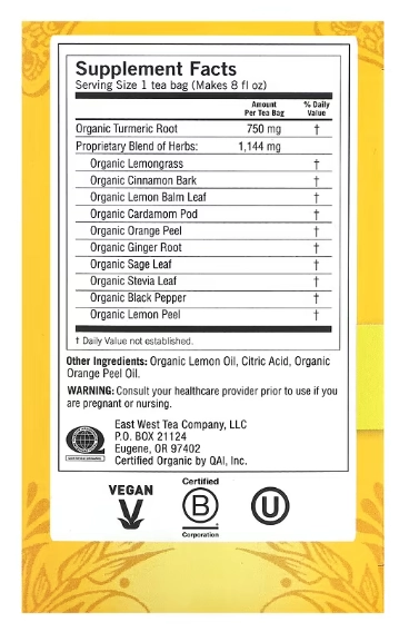 Chá Turmeric Vitality de Gengibre Cítrico e Doce, Sem Cafeína, 16 Saquinhos, 32g, Yogi 