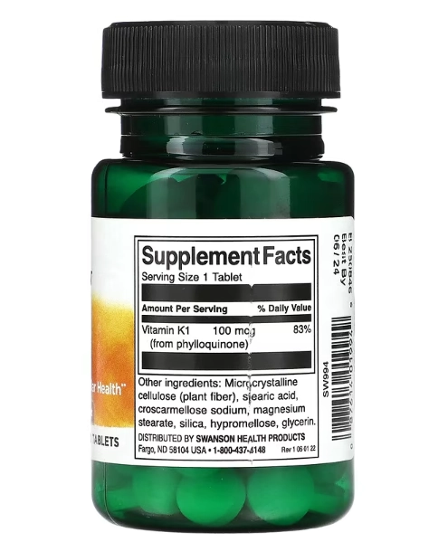 Vitamina K1 100mcg, 100 comprimidos, Swanson