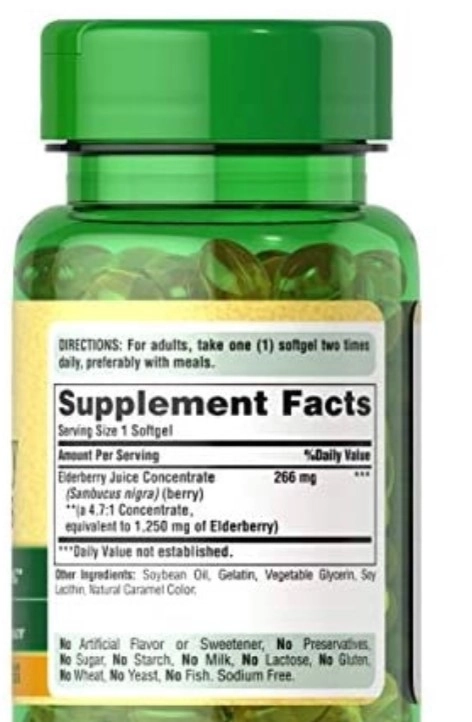 Elderberry Sambucus 1250mg (Sistema Imunológico), 60 capsulas, Puritans Pride