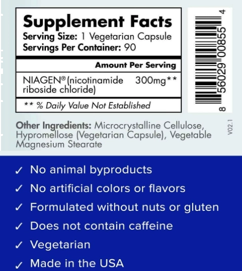 Tru Niagen 300mg, NAD+ Nicotinamida Riboside, 90 Cápsulas
