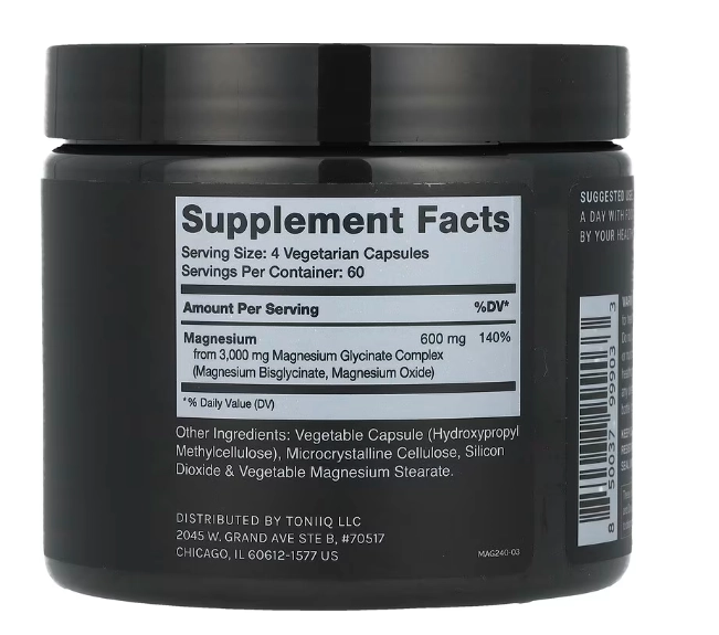 Glicinato de Magnésio 600mg, 240 Cápsulas, Toniiq