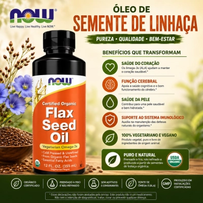Flax Seed Oil, Fonte Natural de Ômega 3, 6 e 9 para Suporte Cardiovascular e Nutricional, 355ml, NOW