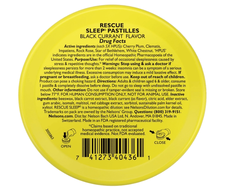 Pastilhas Rescue Bach Sleep, Pastilhas para ajudar a Dormir Com Melatonina, 35 Pastilhas Sabor Groselha preta, Rescue