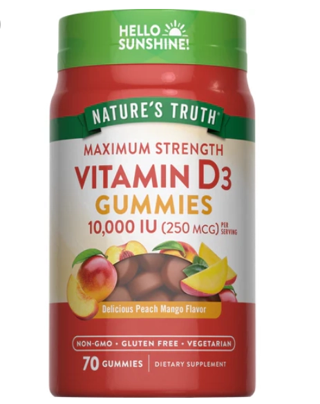 Vitamina D3 10000UI, 250mcg Força Máxima, 70 gomas sabor Pêssego e Manga, Nature's Truth