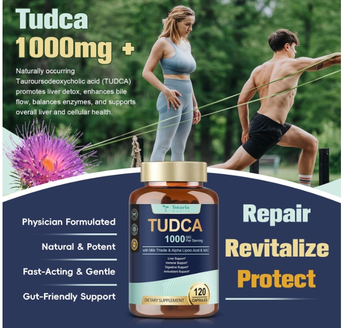 TUDCA 1000mg, com Cardo mariano, ALA, NAC e Sais Biliares, 120 Capsulas, Totaria Health