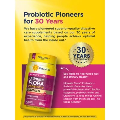 Probiótico Ultimate Flora Women's Care, 2 Bilhões de UFCs, 48 Gomas, Renew Life