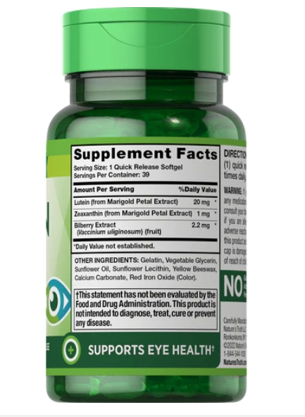 Luteína 20mg, com Zeaxantina, 39 cápsulas, Nature's Truth