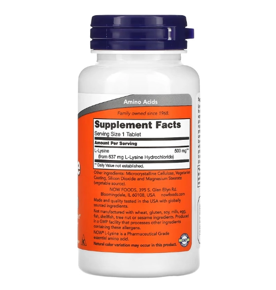 L-Lisina, 500mg, 100 comprimidos, Now