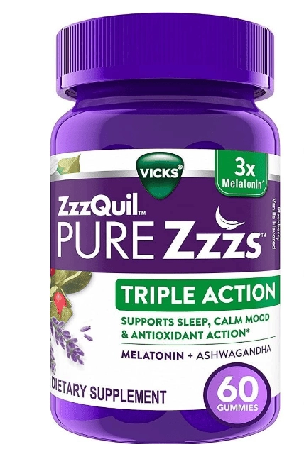 Melatonina Tripla Ação 6mg, com Ashwagandha, 60 Gomas, ZzzQuil Pure, Vicks