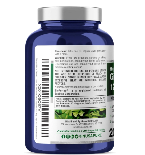 Ginkgo Biloba 12,500mg, 200 Cápsulas, NusaPure