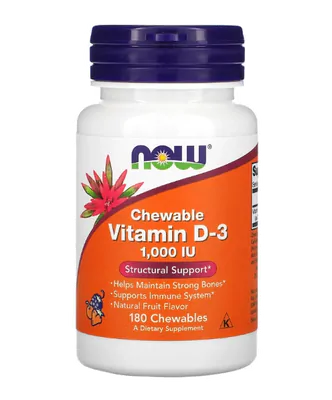 Vitamina D3 1.000UI, 180 Mastigáveis, Sabor Natural de Frutas, Now