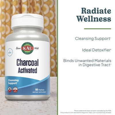 Charcoal Activated 250mg, Carvão Ativado, 100 VegCaps, KAL