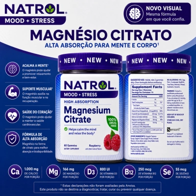 Citrato de Magnésio 330mg, Mood + Stress, 60 Gomas Sabor Framboesa, Natrol
