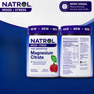 Citrato de Magnésio 330mg, Mood + Stress, 60 Gomas Sabor Framboesa, Natrol
