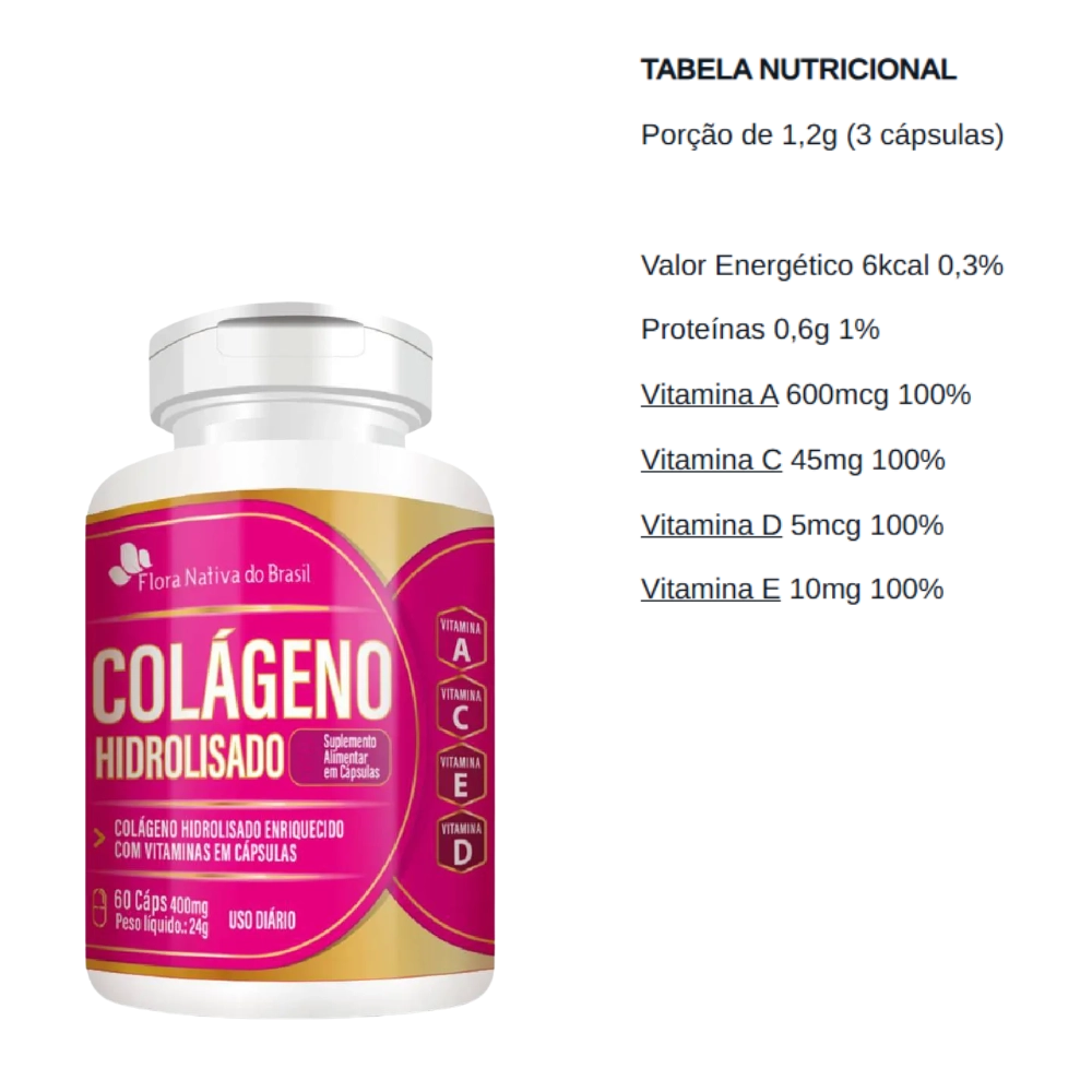 Colágeno Hidrolisado com Vitaminas 60 cápsulas, 400mg - Flora Nativa do Brasil
