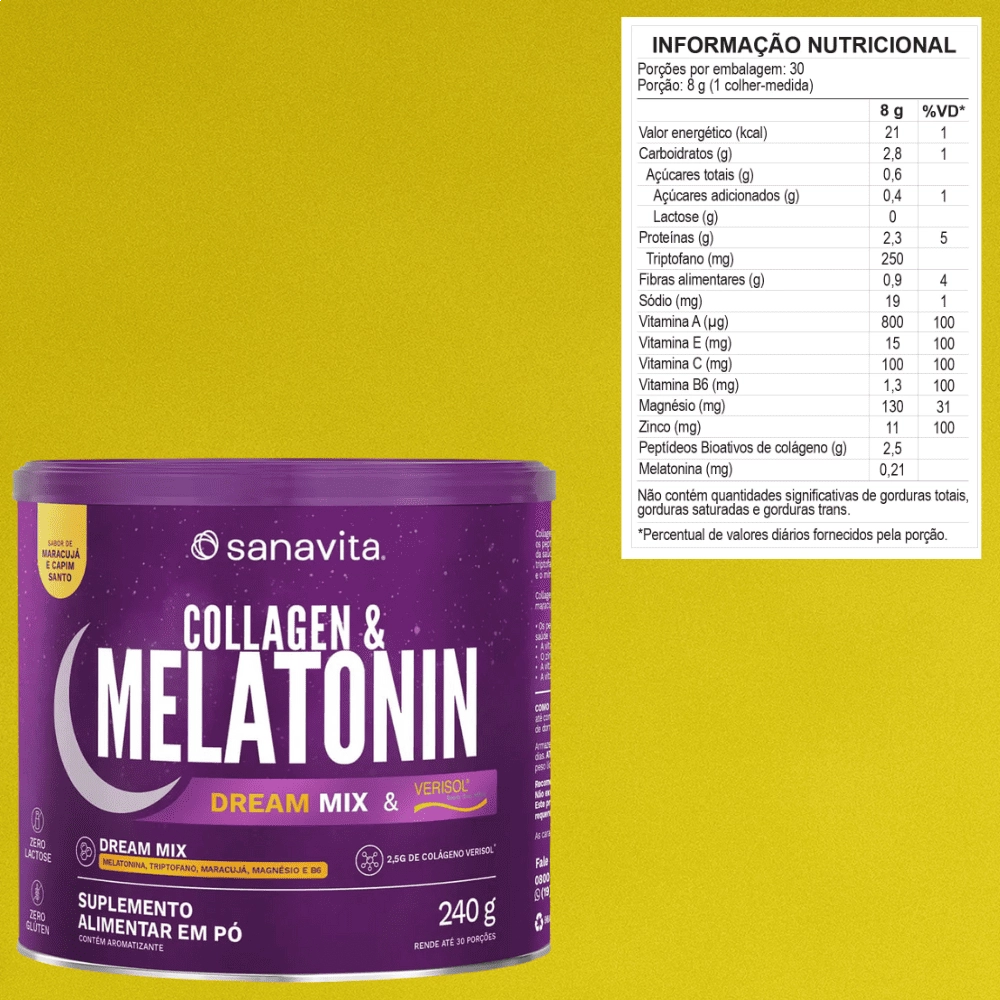 Collagen e Melatonin Sabor Maracujá e Capim Santo, 240g - Sanavita