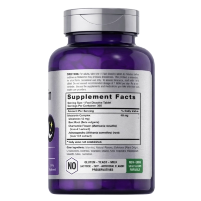 Complexo de Melatonina 40mg, com Camomila e Ashwagandha, 360 Comprimidos de Dissolução Rápida, Horbaach 