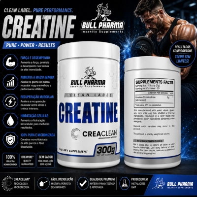 Creatina, 300g Sem Sabor, Bull Pharma