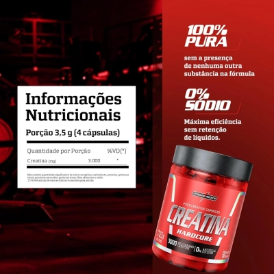 Creatina Hardcore, 3000mg creatine, 60 Cápsulas - Integralmedica