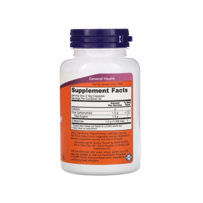 D-Mannose 500mg, Saúde da Bexiga, Conforto Urinário e Qualidade de Vida, Cápsulas, Now