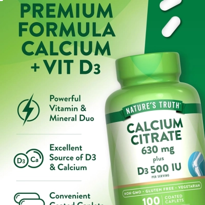 Citrato de Cálcio 630mg + Vitamina D3 500UI, 100 Comprimidos, Nature's Truth