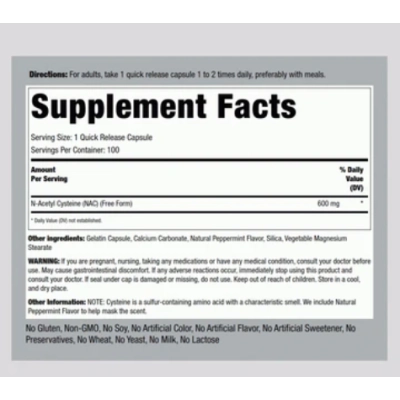 NAC N-Acetilcisteína 600mg, 100 Cápsulas, PipingRock 