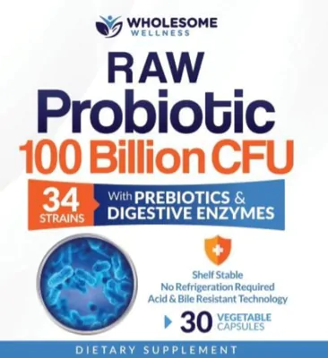 Probióticos Orgânicos Crus, 100 Bilhões CFU, Prebióticos e Enzimas Digestivas, 30 Cápsulas, Wholesome Wellness