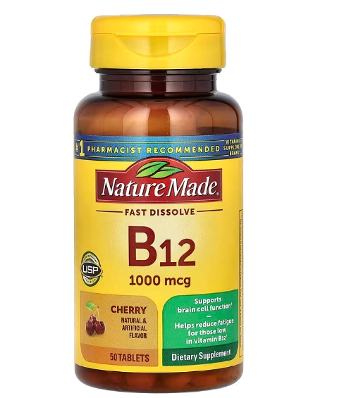 Vitamina B-12 Sublingual, 1000mcg, 50 Comprimidos Sabor Cereja, Nature Made