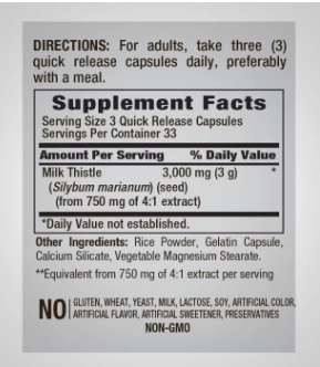 Milk Thistle Seed Extract 3000mg, Semente de Cardo Mariano, 100 cápsulas, PipingRock