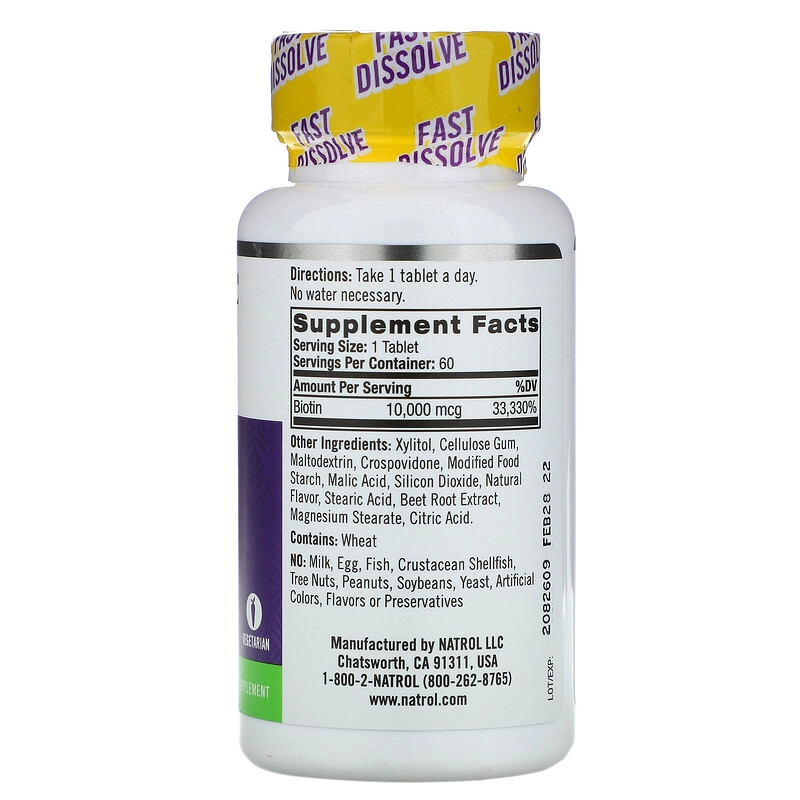 Biotina, Força Máxima, 10.000 mcg, 60 Comprimidos Morango, Natrol
