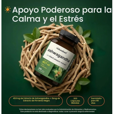 Ashwagandha 450mg, com Black Pepper Extract e MCT, 240 Cápsulas, NatureBell