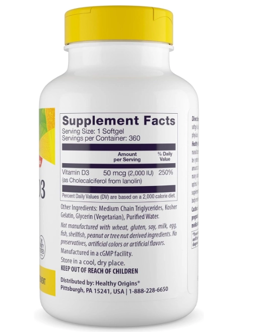 Vitamina D3 2,000UI, 360 Softgels, Healthy Origins