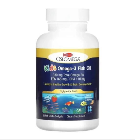 Ômega-3 de Óleo de Peixe para Crianças, Sabor Natural de Morango, 60 Cápsulas, Oslomega