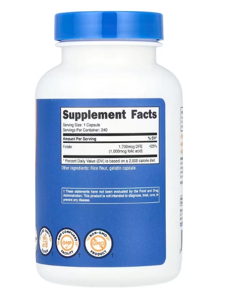 Acido fólico, Vitamina B9 1000mcg, 240 Cápsulas, Nutricost
